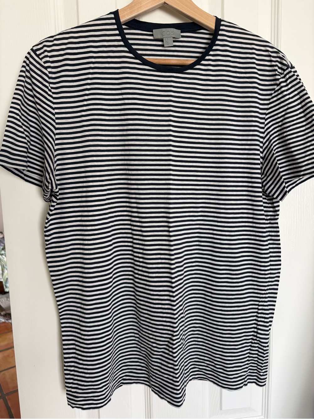 COS Men’s Navy & White Stripe Crew Neck T-Shirt